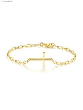 14K Gold Paperclip Chain Cross Charm Bracelet for Women Lobster Claw Clasp